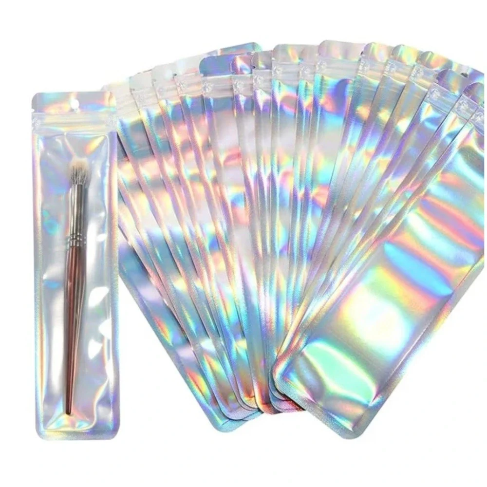 72pc Holographic Resealable Bags 2.4x9in Iridescent Mylar Pouches Clear Front